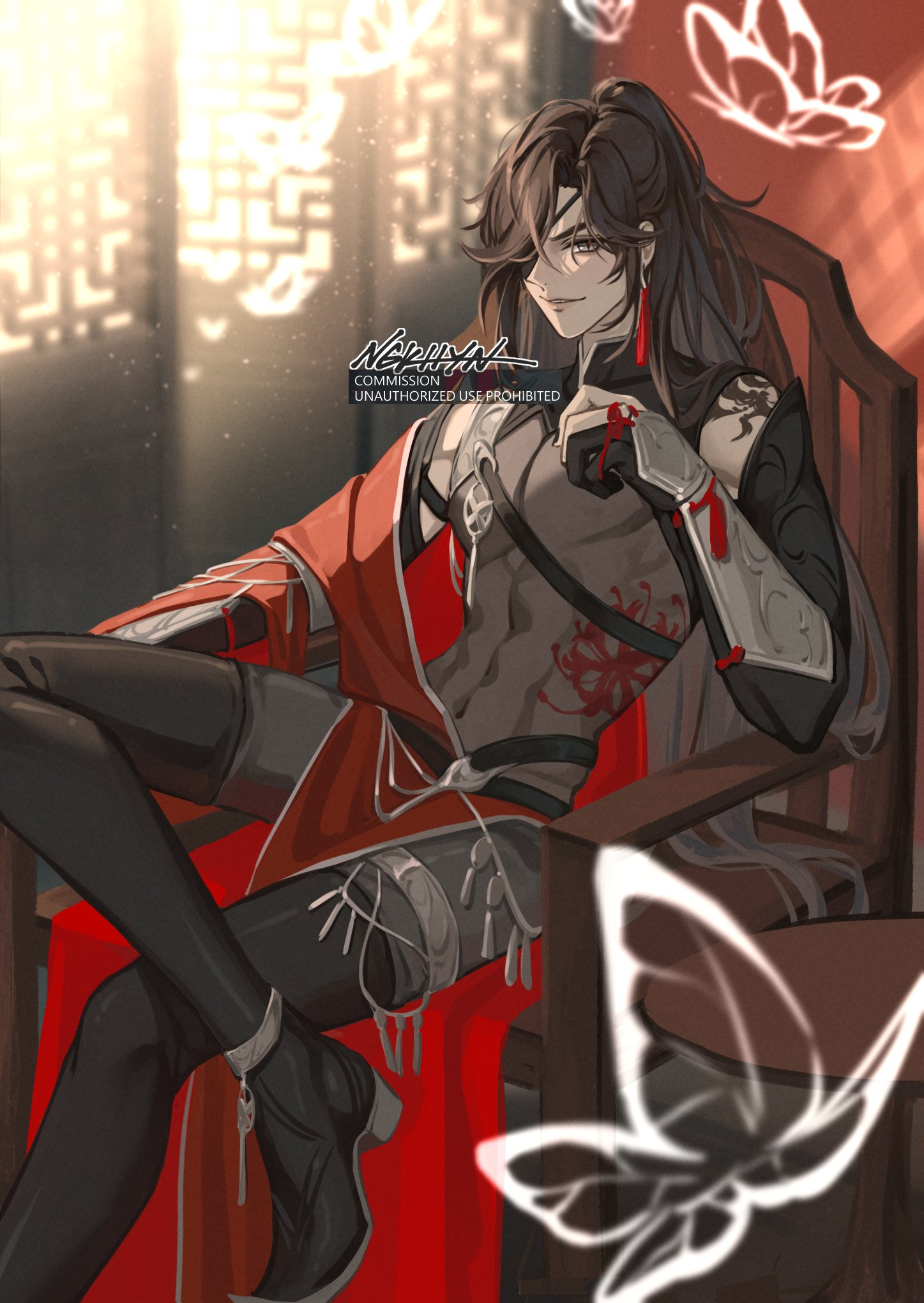 a man with long black hair and red eyes is sitting on a throne with a red cape. the man is wearing an open black shirt and black pants with silver accents. he has a tattoo on his left shoulder. the man has a smirk on his face and is looking directly at the viewer. the throne is brown with red fabric. butterflies in shades of white are surrounding the man. the scene is lit by sunlight streaming in from the left side.