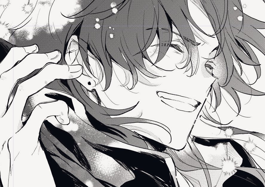 this is a black and white drawing of a manga character. the character is a young boy with long hair and is smiling. he appears to be wearing a dark jacket.