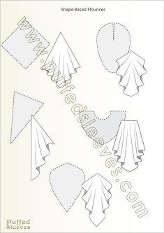 the image shows a pattern design for shape based flounces, possibly for use in garment construction or sewing projects. the designs are on a light, neutral background, and each design includes a gray, dotted shape pattern with a flounce pattern draping from the bottom. the overall theme is related to puffy sleeves or similar sleeve designs.