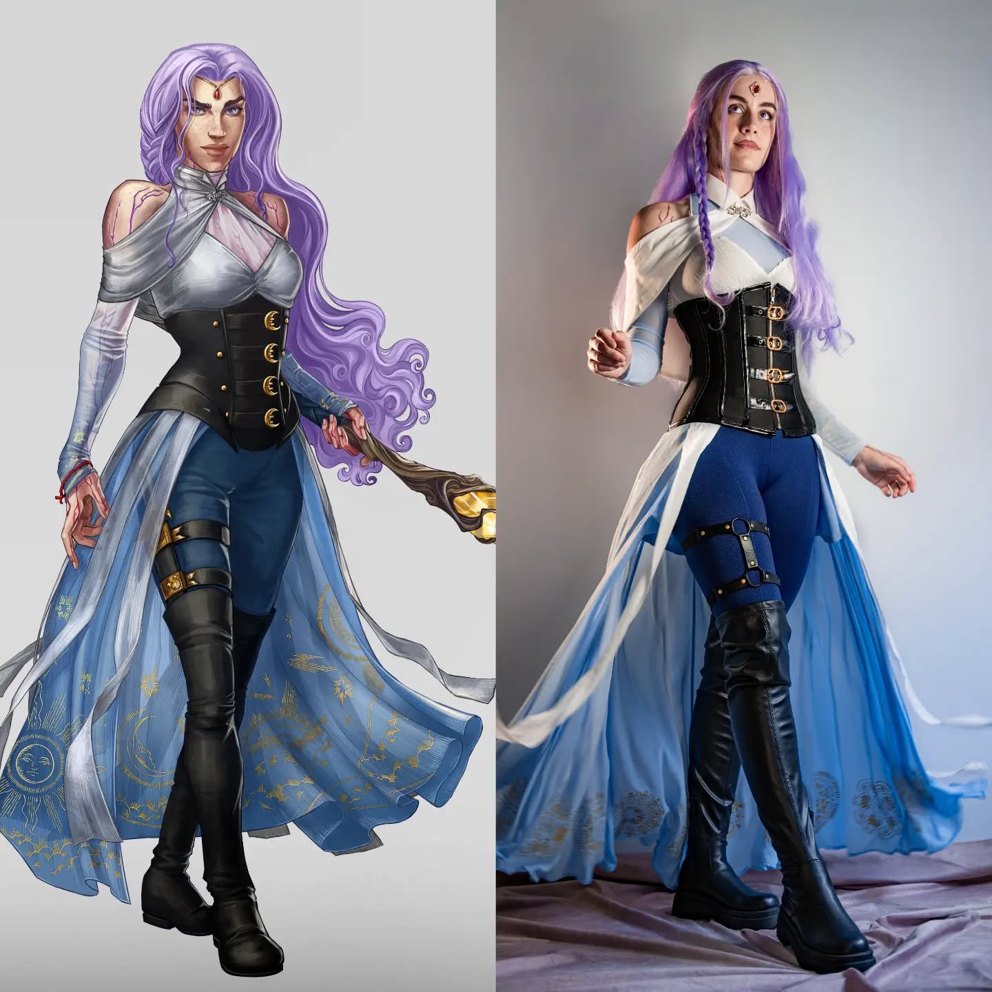 the image is a split view showcasing a digital painting of a fantasy character (left) and a cosplayer (right) who has accurately recreated the character's appearance. both sides depict a woman with long purple hair, wearing a blue and white dress with a dark corset, thighhigh boots, and carrying a staff. the dress features celestialthemed designs, including stars and moons. the digital painting is highly detailed and demonstrates professionalgrade artistic skill. the cosplay meticulously replicates the outfit, hairstyle, and overall aesthetic of the illustration, showcasing remarkable attention to detail and a high level of craftsmanship. the lighting and posing in both images are similar, creating a strong visual comparison between the artwork and the cosplay.