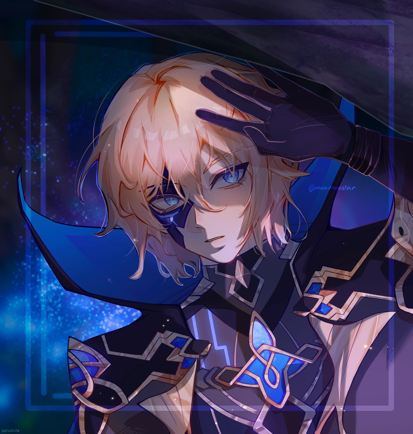the image is a digital fanart of scaramouche from genshin impact.  he is depicted in a closeup portrait, his blonde hair partially obscuring his face. he wears an elaborate, darkcolored outfit with accents of blue and gold, and part of a mask is visible over one eye.  the background is dark, with sparkling blue particles suggesting a night sky or magical effect. the style is animeinfluenced, with detailed clothing, hair, and skin rendering.  the overall mood is elegant and mysterious. the artist's signature is visible in the image.