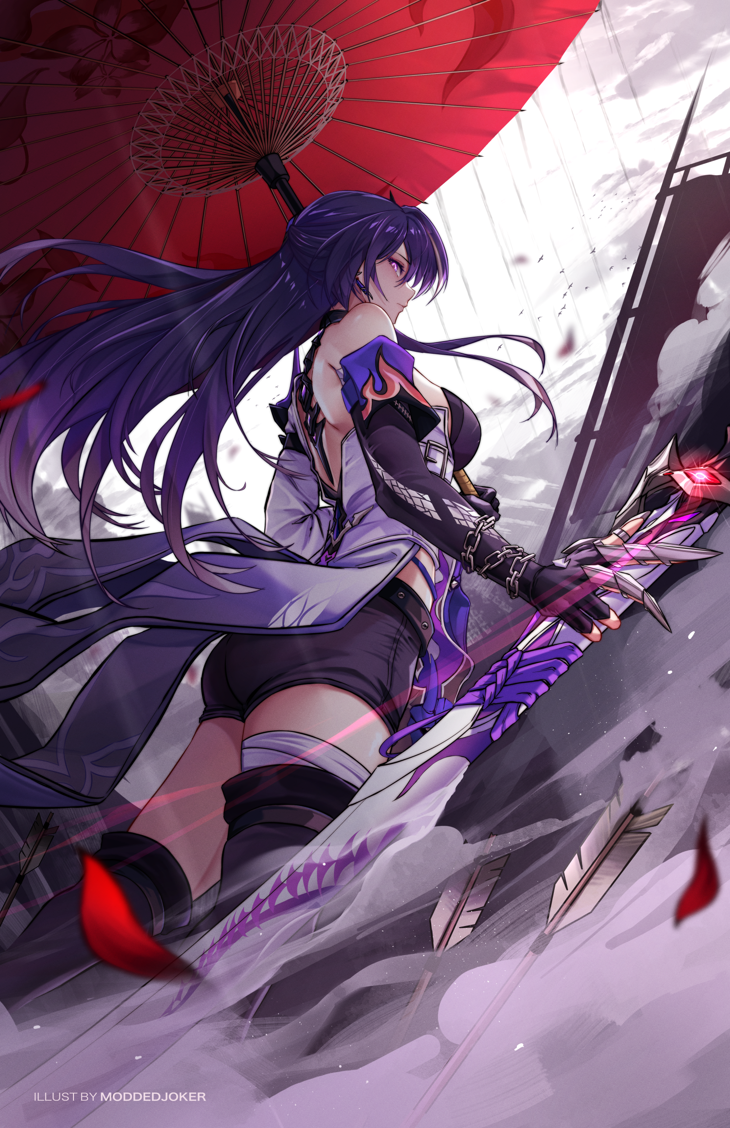 a female anime character with long dark hair and horns on her head is standing with a red umbrella above her. she has a sword with her and there are flower petals falling around her. the sky is visible in the background.