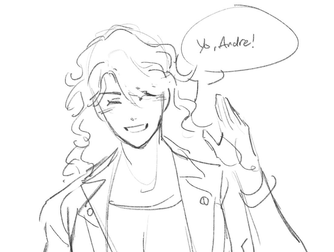 this is a black and white drawing of a boy with curly hair and a jacket waving and smiling. he has a speech bubble above his head that says "yo! andre!" the image is a simple line drawing.
