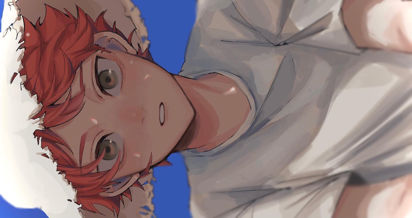 the image is a closeup digital illustration of an animestyle boy with bright red hair, slightly surprised expression, and lightgray shirt. he's wearing a torn, white hat and is positioned upside down, adding a unique perspective to the artwork. the style is soft, with a focus on the character's features and expression.  the image shows fine details in hair strands and subtle shading on the skin, implying some sweat or warmth. the background is a simple, solid blue.