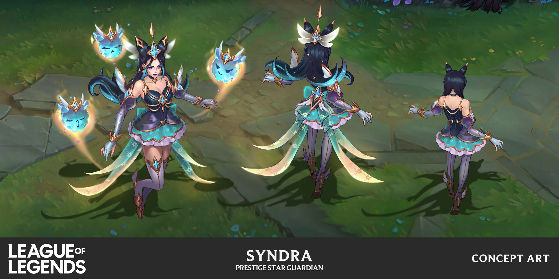 a concept art image of the league of legends champion syndra in her prestige star guardian skin. the image shows syndra from the front, back, and side, displaying her unique design and attire. the background features a lush green landscape with stone pathways, further emphasizing the magical girl theme.