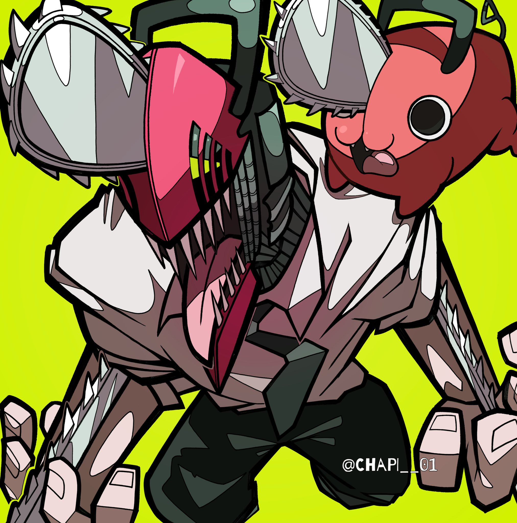 this cartoon illustration depicts a grotesque monster creature with a chainsaw for an arm and another chainsaw on its head. the monster wears a white shirt and black pants and is very aggressive and  has blood dripping from its mouth.  it is a very scary and violent image.