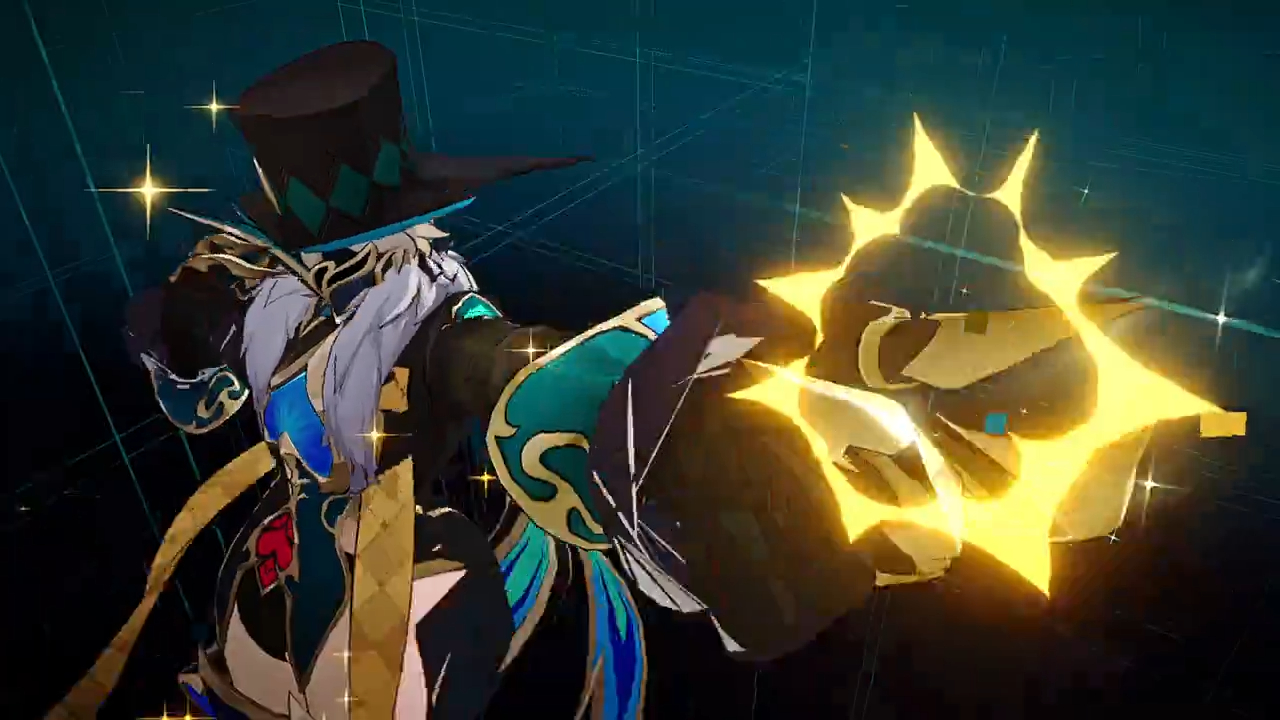 a female anime character in a black and gold outfit with a blue hat and white hair. she is in mid attack with glowing yellow magical power coming from her hand and a blue glow emanating from her body.  the background is blue and black with white grid lines.