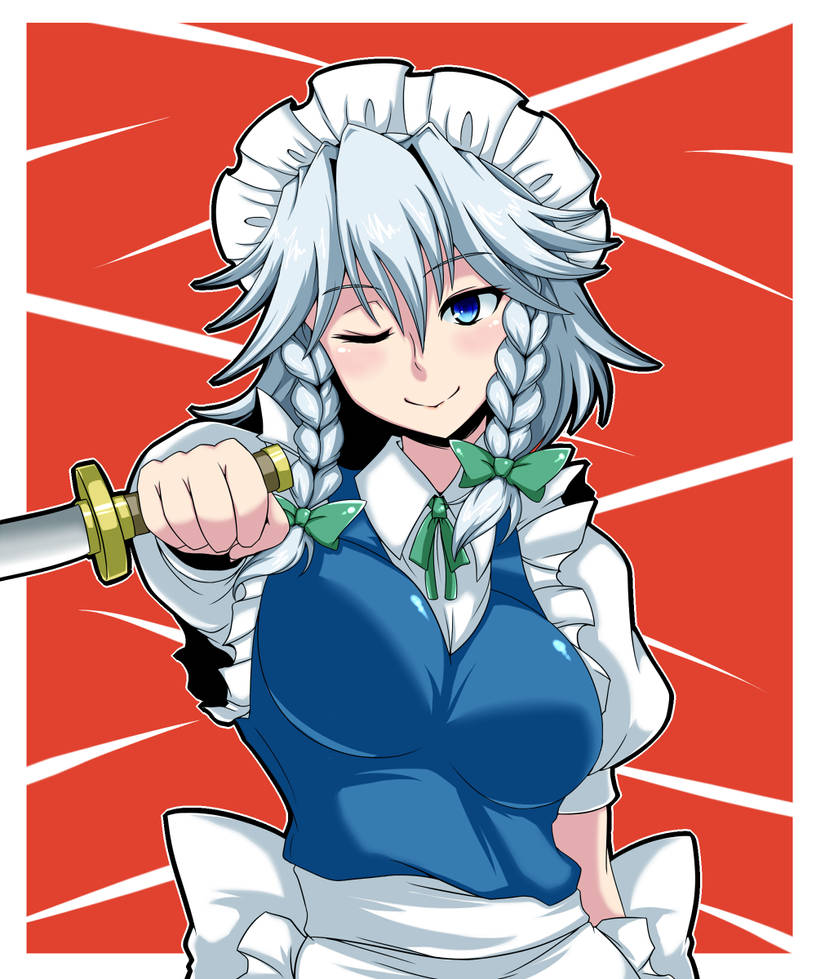 the image is a vibrant animestyle illustration of a young woman, likely a maid character given her attire.  she possesses long, braided white hair adorned with green ribbons. her outfit consists of a blue vestlike top over a white apron, and a white maid's cap. the character is depicted winking and smiling confidently, holding a katana (japanese sword) with one hand.  the background is a striking red with diagonal lines creating a dynamic effect. the art style is reminiscent of manga or fanart, showcasing a stylized and exaggerated character design. the overall impression is one of playful confidence and possibly a subtle hint of sexuality. the character's features suggest that she might be based on a character from the touhou project, specifically reisen udongein inaba.
