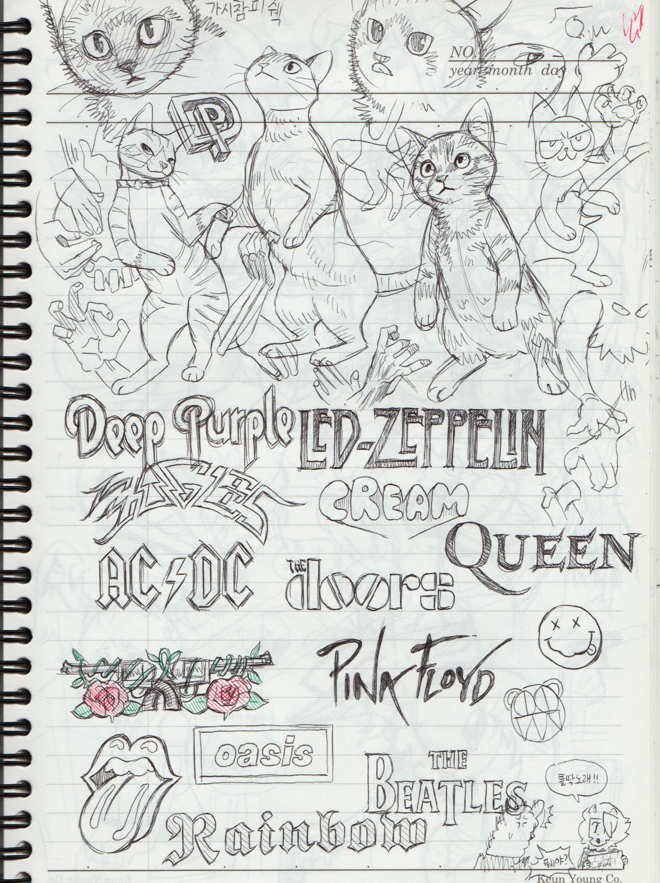 a page from a notebook with doodles of cats and handwritten music lyrics. the lyrics mention famous rock bands like pink floyd, led zeppelin, ac/dc, cream, queen, deep purple, oasis, the beatles, rainbow, and eagles.  there are also handwritten band logos.
