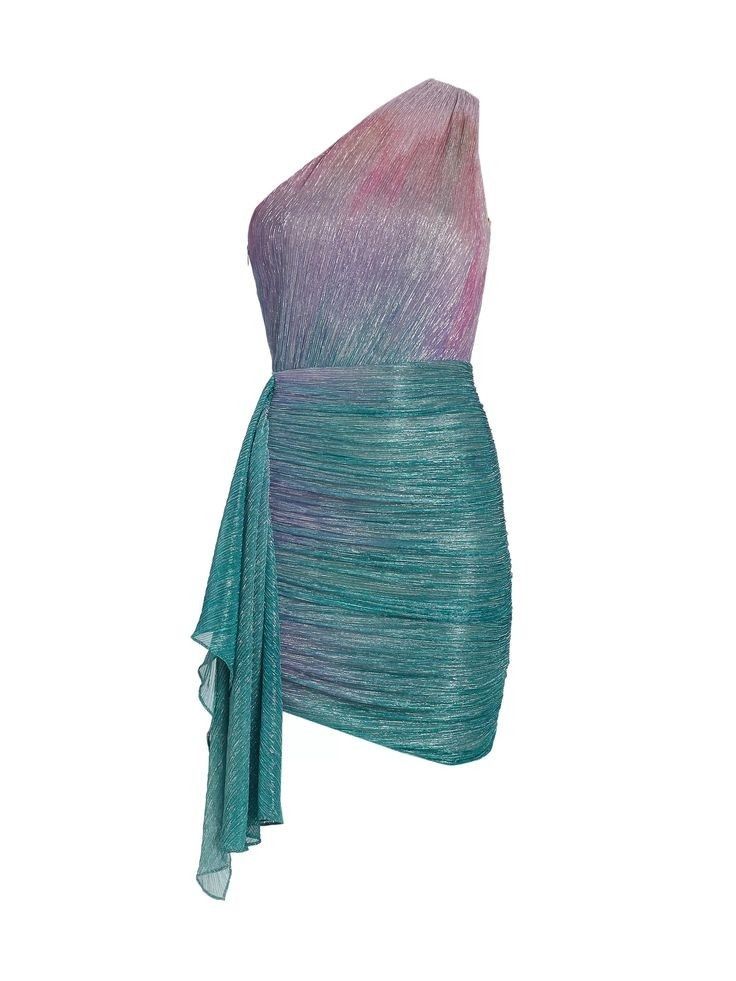 a shimmering oneshoulder cocktail dress in a fitted silhouette is displayed against a plain white background. the dress features an ombre effect, transitioning from a pink and purple at the top to a metallic turquoise green towards the bottom. the dress has a ruched and draped design, enhancing the figurehugging fit.