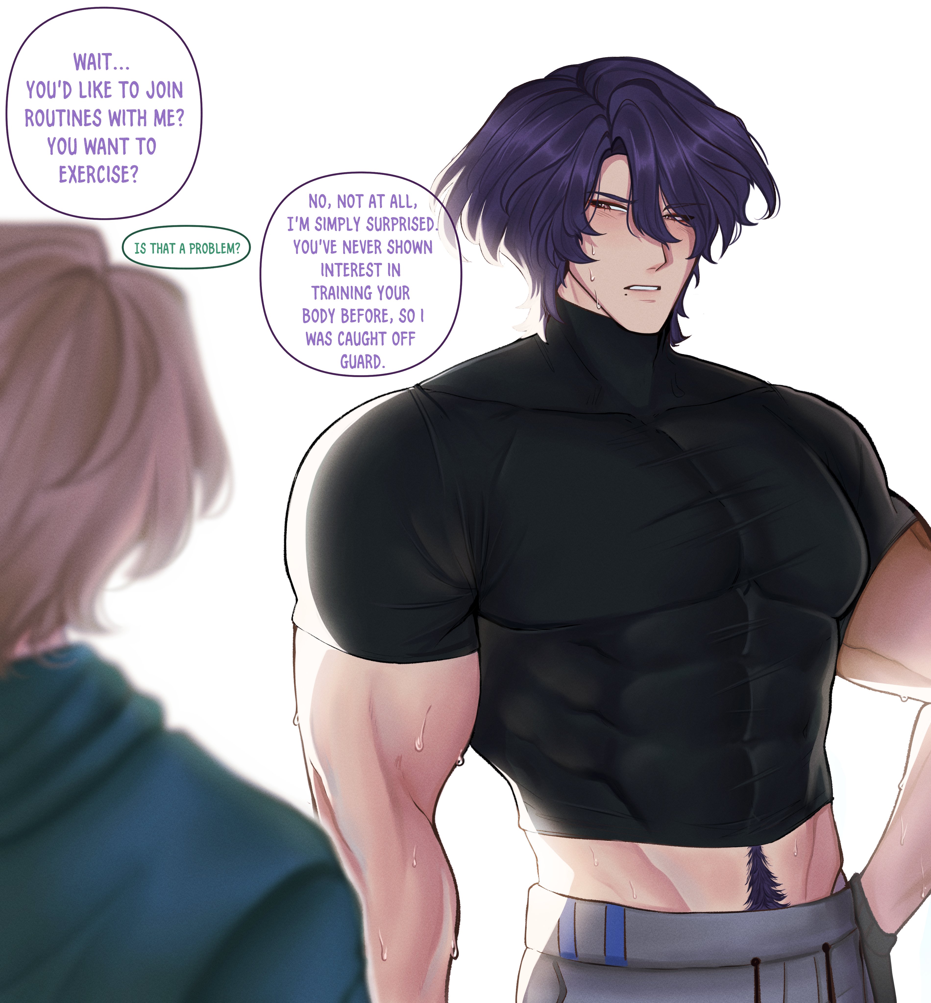 a digital illustration shows a muscular man with purple hair and a surprised expression, wearing a black tshirt and gray pants, in a conversation with another person partially visible on the left, who is wearing a green hoodie, indicated by conversation bubbles containing text. the man seems to have just finished exercising, with sweat droplets visible on his skin.