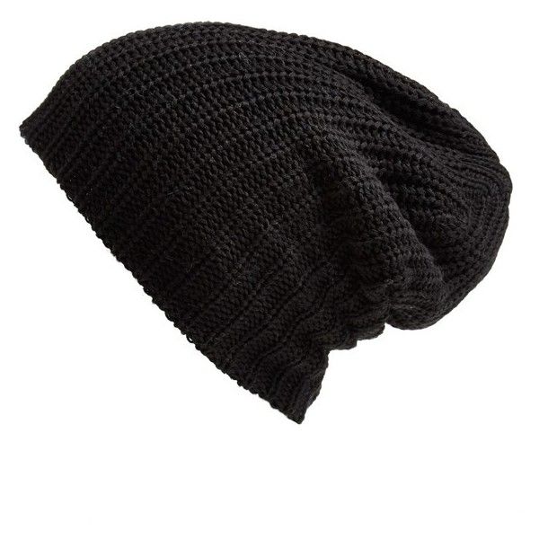 a black knitted beanie hat on a white background. the hat is made of a chunky knit material and has a slouchy, relaxed fit. it is a winter fashion accessory that is perfect for keeping warm.