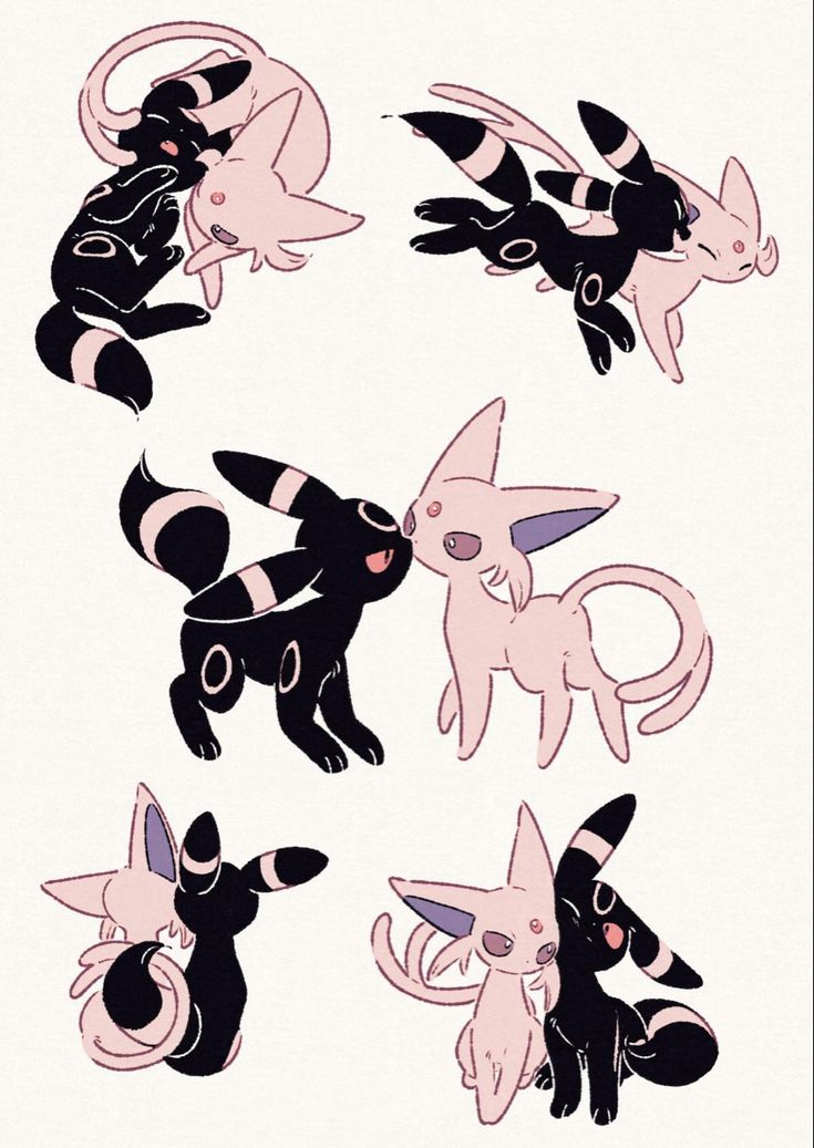a cute drawing of two pokémon, espeon and umbreon. they are both pink and black and are drawn in a cartoon style. they are kissing and seem to be in love.