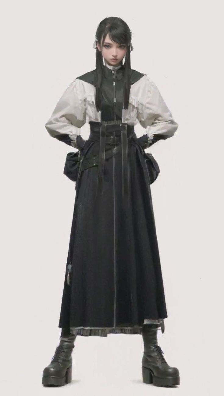 the image showcases a fullbody illustration of a stylized anime girl. she's depicted in a dark and elegant outfit, which includes a long black skirt, a white blouse with puffy sleeves, and a black jacket. she's also wearing black combat boots. her dark hair is styled with long strands framing her face.  the art style is detailed and realistic, with a focus on fashion and posing. the background is a simple, light gray, making the character the central focus. the overall impression is one of sophisticated dark fashion in an anime style.