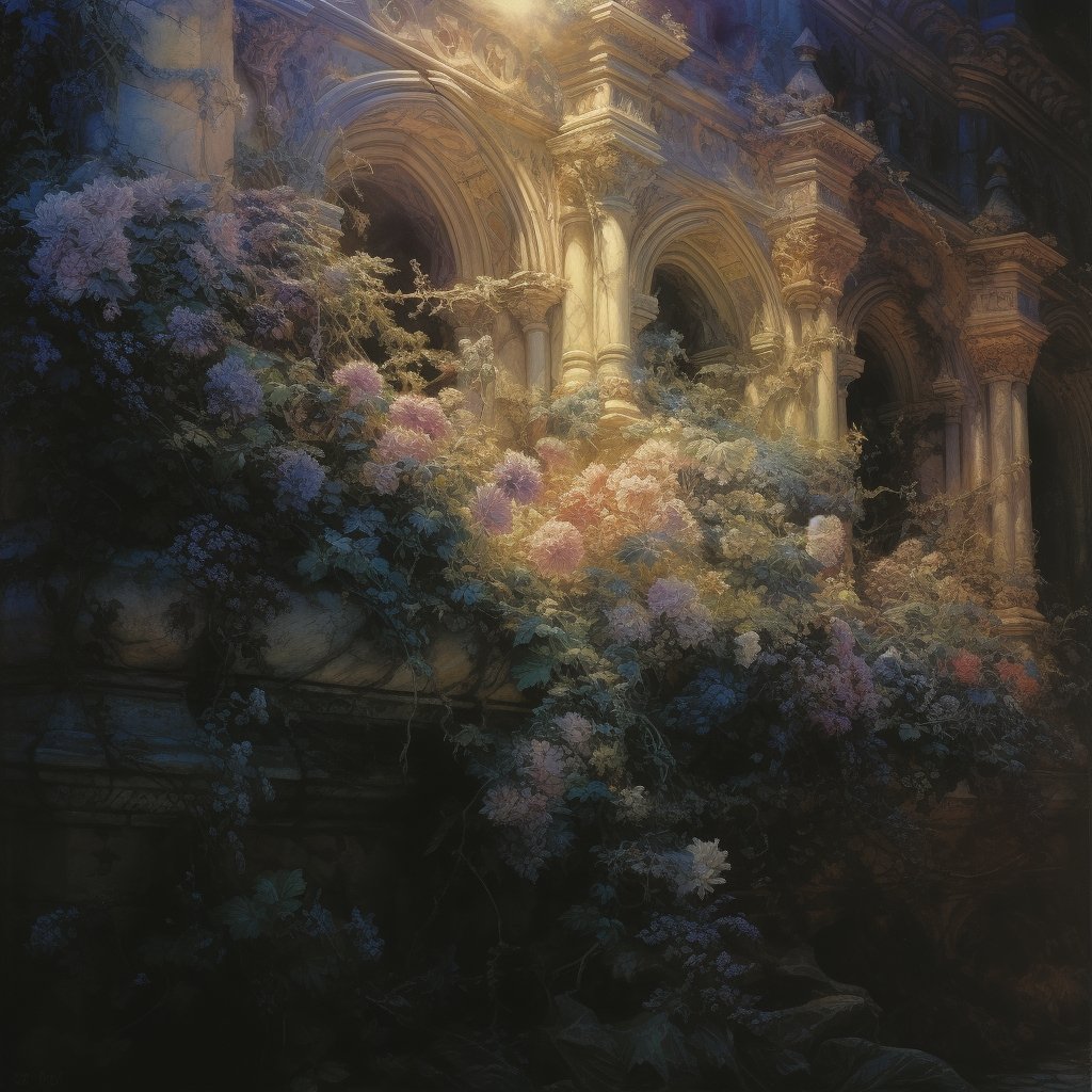 an abandoned building, partially overtaken by nature. vines and flowers crawl up the walls and spill over the sides of a balcony, partially obscuring the intricately carved stonework. the building is illuminated by a soft light, casting long shadows and creating a sense of mystery.
