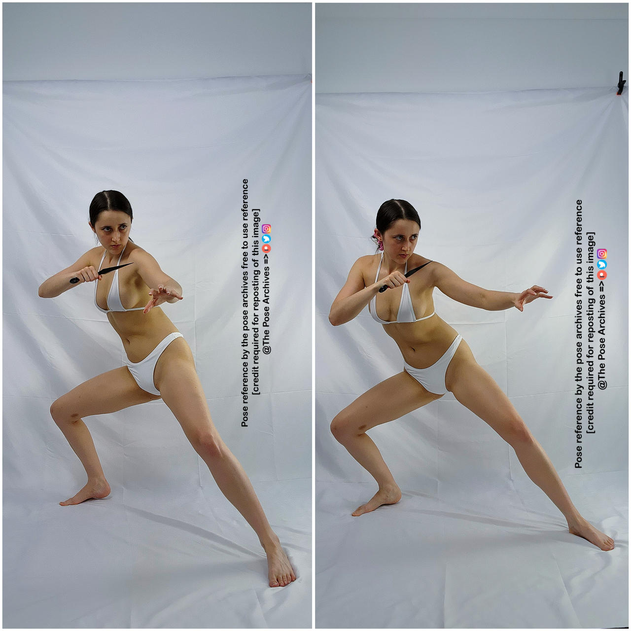 the image shows the same woman in a fighting stance, holding a knife in each hand. she is wearing a white bikini and is positioned against a plain white background. the two images are nearly identical, with a slight variation in her left hand position. the text on the image indicates that it is intended as a free reference for artists, with credit required for reposting.
