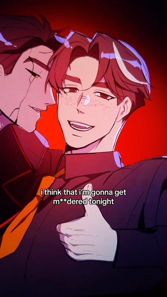 the image is a digital fanart depicting two animestyle male characters in a close embrace. the character in the foreground has redbrown hair, freckles, and a slightly mischievous smirk, giving a thumbs up. the background character has dark hair and a more serious expression. they are dressed in stylized clothing; purple suits. the background is a dark, intense red.  a text overlay jokingly states, "i think that i'm gonna get mdered tonight." the overall mood is a mix of romance, intimacy, and dark humor.  the art style is smooth and polished, typical of online fanart.