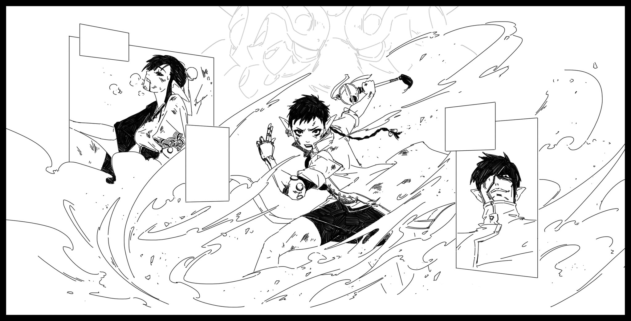 the image is a black and white mangastyle illustration depicting a dynamic action scene.  the central figure is a young elflike character with pointed ears, wielding a staff and seemingly engaging in a powerful magical attack.  their clothing is stylized, and they are surrounded by energetic lines suggesting movement and force.  other panels show a girl possibly injured and a man with a seemingly pensive expression.  the overall style is reminiscent of actionpacked manga and anime, with emphasis on dynamic posing and expressive linework. the blank speech bubbles suggest narrative potential.