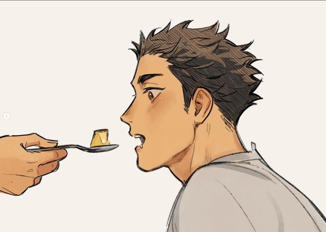a sketch of a man with short, spiky dark hair is being fed pudding from a spoon by another person. the man's mouth is open in anticipation, and his expression is one of pleasure. the focus is on the man's profile and the spoon approaching his mouth. the style is reminiscent of anime or manga, with characteristic large eyes and stylized hair. the color palette is warm and inviting.