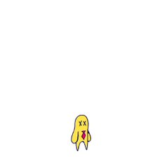the image shows a small, yellow cartoon character against a white background. the character is drawn simply, with a rounded body and short, stumpy arms and legs. it has x's for eyes and appears to be deceased, with a single red tie as its only clothing.