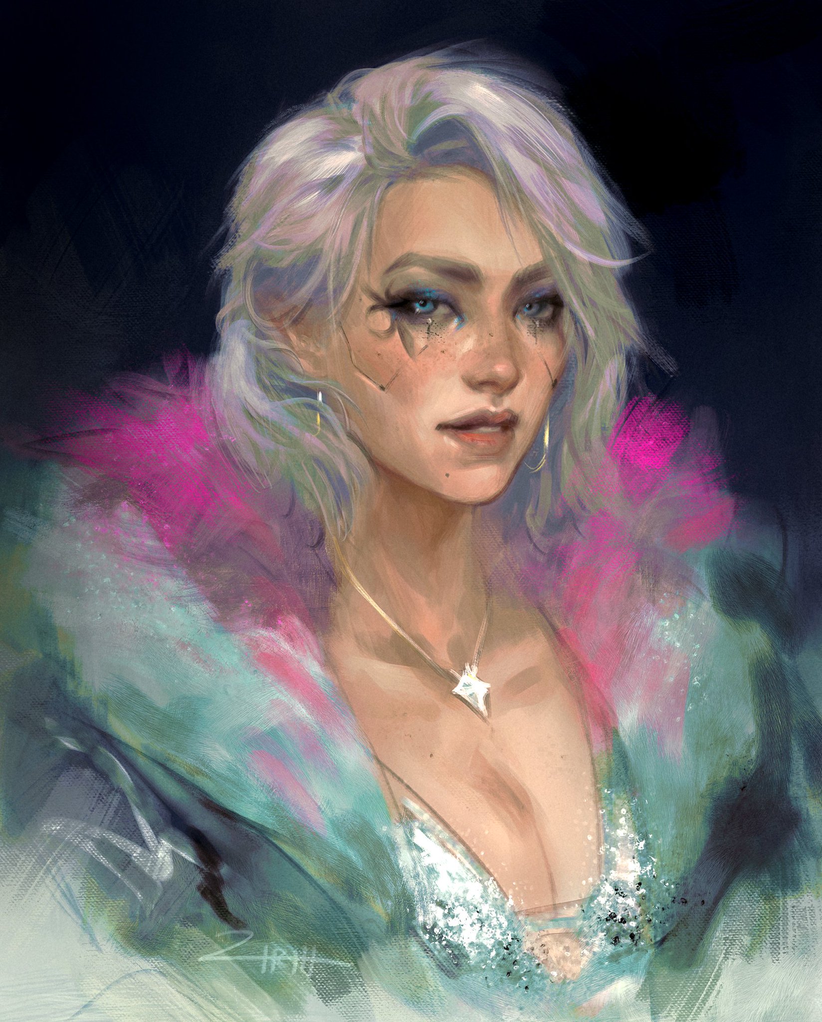 the image is a digital painting of a young woman with short, light purple and white hair. she's wearing a glamorous outfit consisting of a glittery, silvertoned lowcut dress and a vibrant, multicolored fur collar in shades of pink and teal. her makeup is noticeable, featuring blue eyeshadow and eyeliner, and a few freckles are visible on her face. she wears a small starshaped necklace and earrings. the painting style is expressive and painterly, with visible brush strokes and a soft, slightly ethereal quality. the background is a dark, muted color that contrasts with the brighter tones of the woman's clothing and hair. the overall mood is stylish and slightly mysterious.