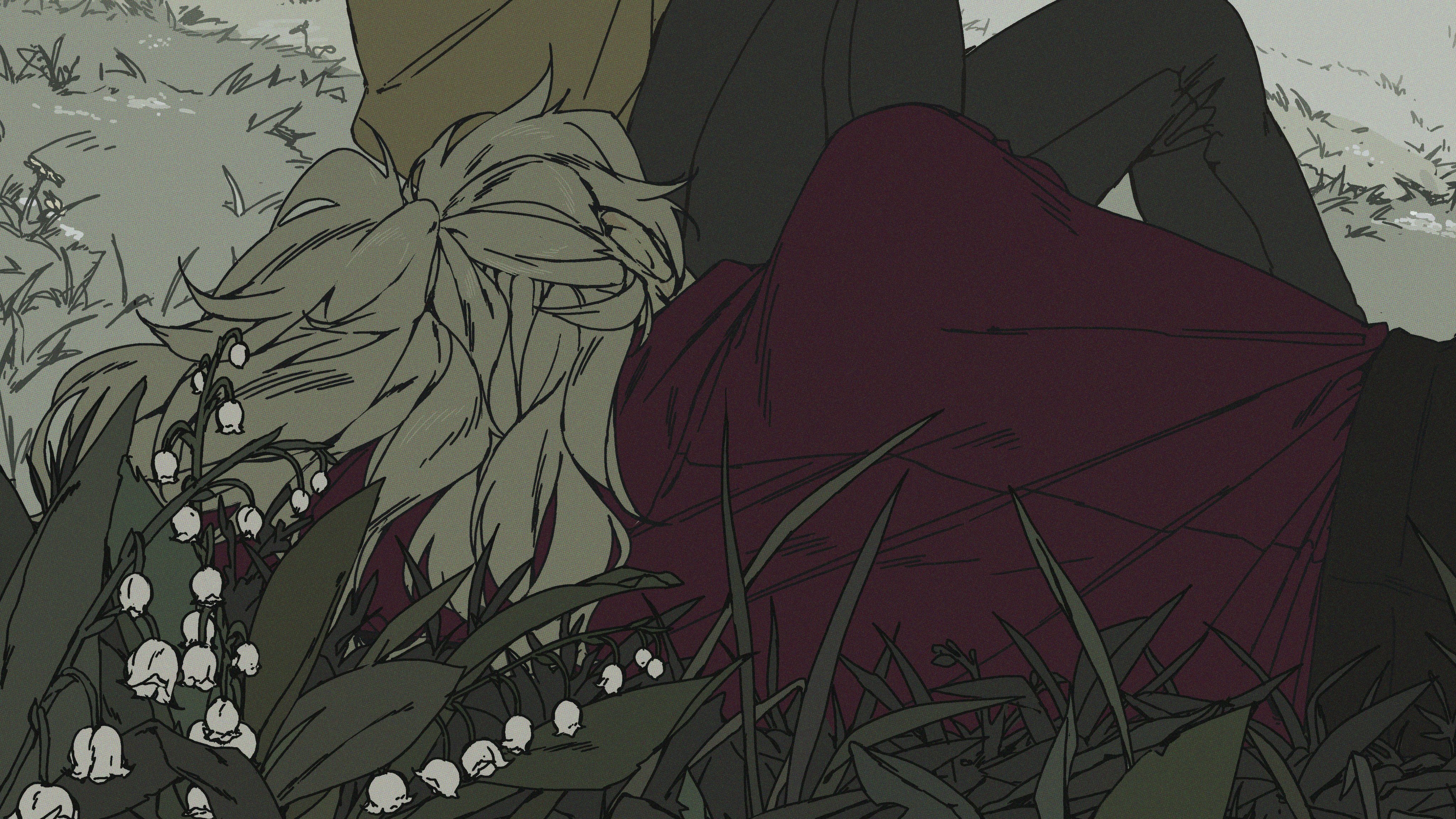a girl with long white hair, laying down in a forest, sleeping, she has on a red shirt. there are white flowers and green grass around her. the image is drawn in anime style.