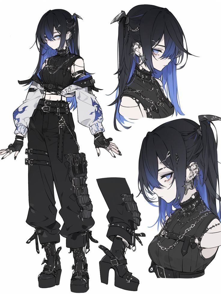 the image is of a cartoon anime girl character design with black hair and blue tips. she is wearing a goth/punk outfit with a lot of black chains and belts, black pants and black combat boots. there are 3 different angles of her, the first showing the full body, the second showing just the hair and head, and the third showing a closeup of her head and chest.