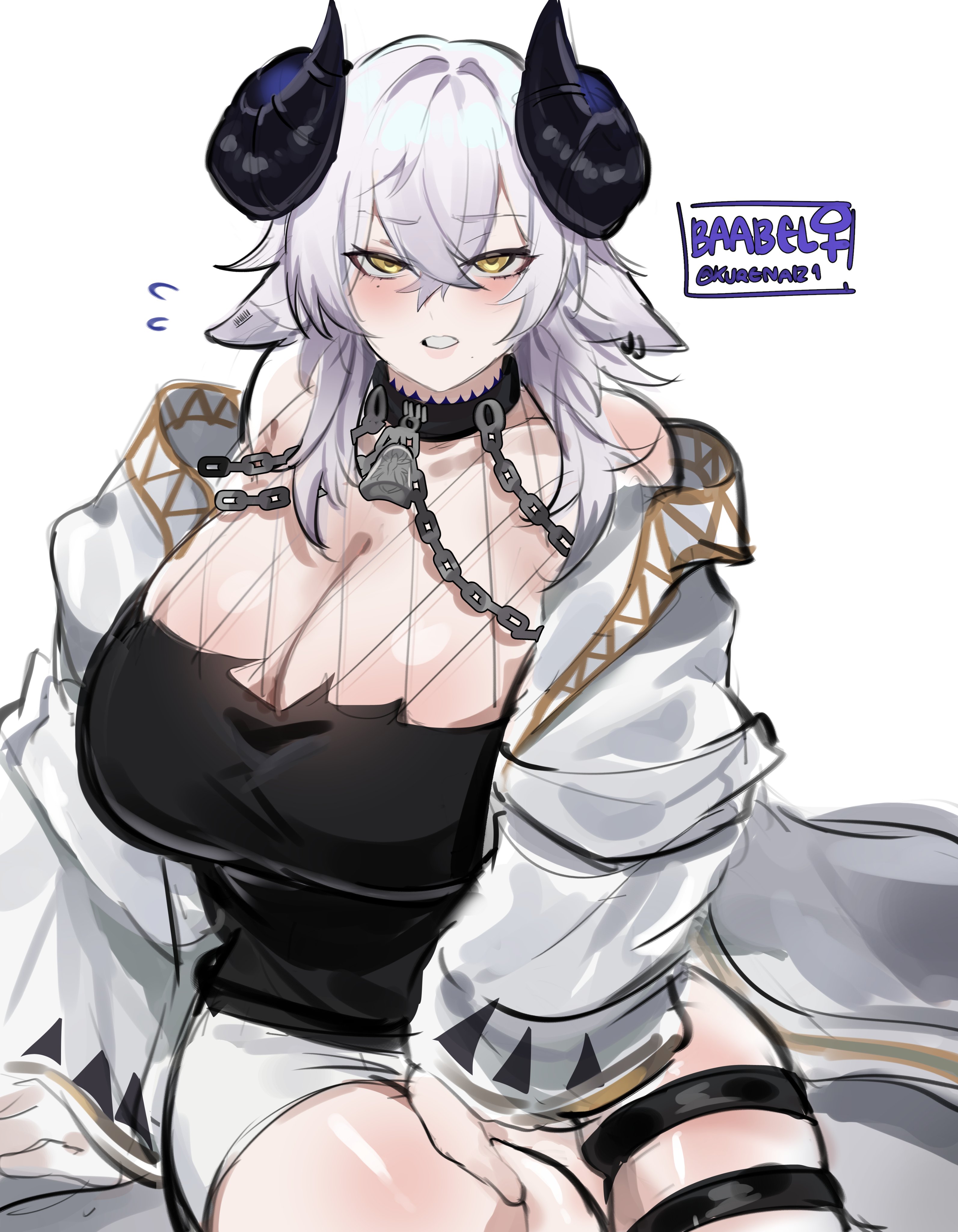this is a digital illustration of a woman with white hair and black horns. she is wearing a white outfit with a black top and thigh highs, a collar with chains, and has a chain around her waist. she is sitting and looking at the viewer. she has a serious expression. this is an animestyle illustration.
