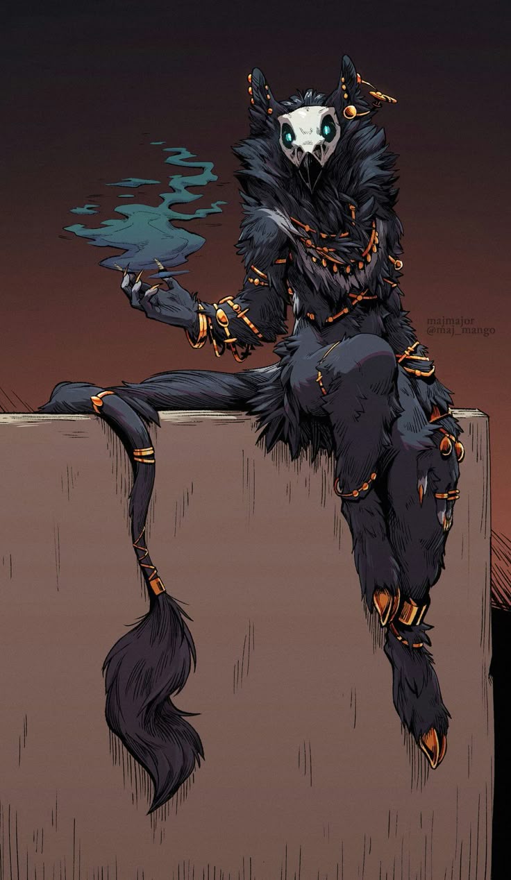 a furry creature with black fur and a skull mask sits on a wall. the creature has glowing eyes and is adorned with gold jewelry. it is holding blue smoke in its hand. the background is a gradient of brown and orange. the artwork is a detailed illustration.