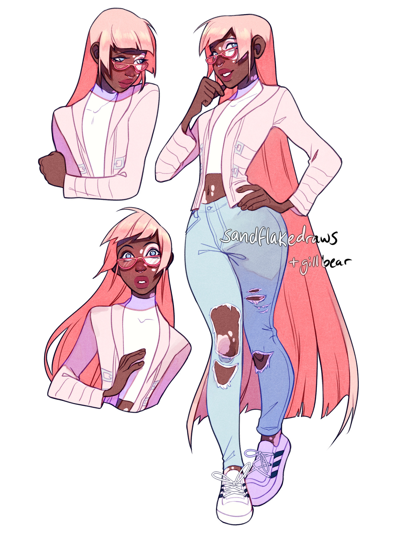 a digital illustration of a fashionable woman with long pink hair, vitiligo, and stylish clothing. the image showcases different angles and poses of the character, highlighting her outfit and accessories. the drawing utilizes soft lighting and a combination of front and ¾ perspectives.