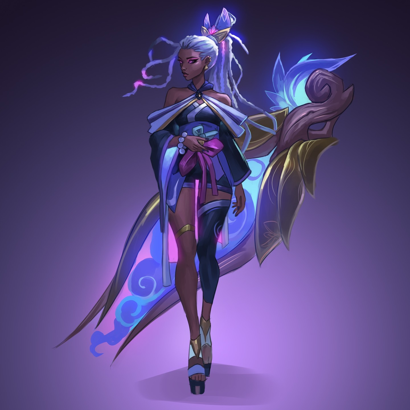 the image is a digital illustration or concept art showcasing a female character, likely inspired by league of legends' spirit blossom skin line for lillia.  she's depicted in a flowing, ornate kimonolike outfit with purple and blue accents. her skin is dark, and her hair is styled in long, white braids with glowing purple accents.  she carries a large, fantastical weapon that resembles a stylized wing or blade, also glowing with blue and purple energy. the background is a dark purple, allowing the character's bright colors to stand out. the overall style is reminiscent of anime or manga, with a focus on elegant and graceful poses. the character appears both powerful and ethereal, fitting for a mystical or magical character design.
