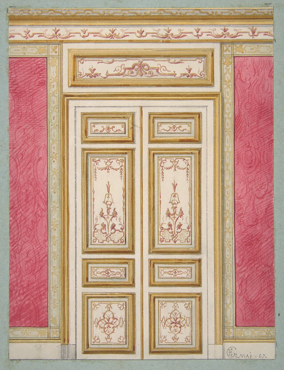 the image is a design sketch of an ornate door set within a room. the door is creamcolored with gold trim and paneling. it features symmetrical floral patterns in a reddishbrown color on each panel. the walls on either side of the door are covered in pink wallpaper with a subtle, textured pattern. the room also has a decorative gold border near the ceiling. the drawing is detailed and precise, suggesting it's an architectural design proposal. a signature is visible in the lower right corner, potentially indicating the artist or designer.