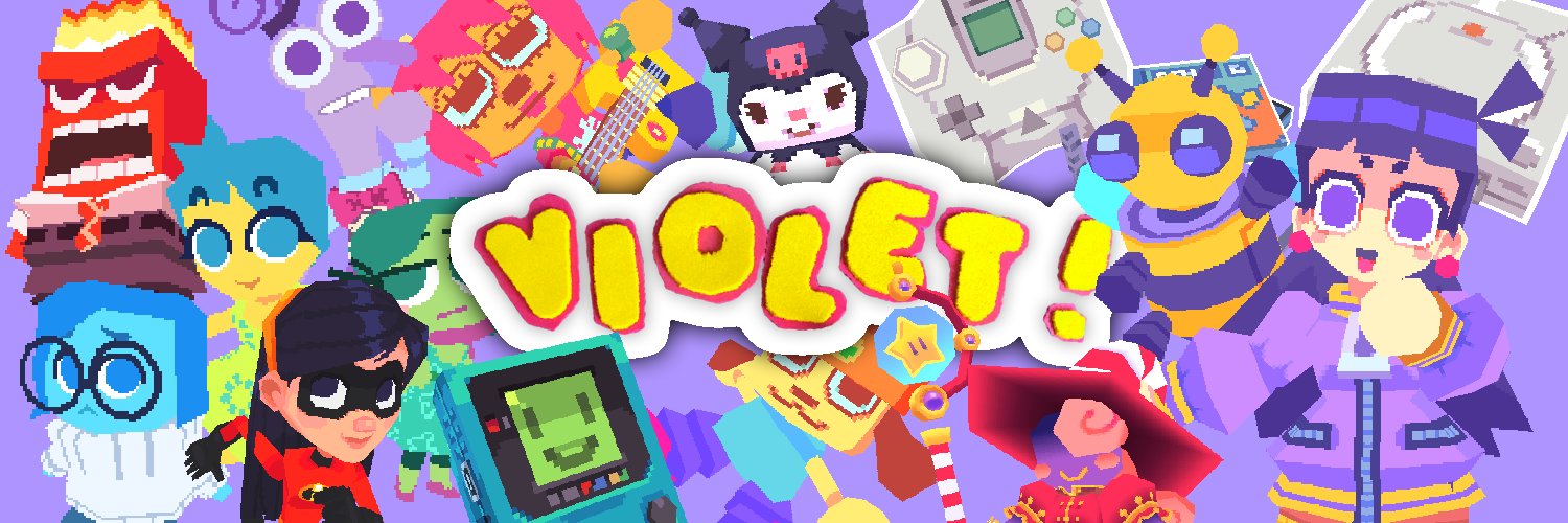 the image showcases a vibrant collage of pixelated characters set against a lavender backdrop. the word "violet!" takes center stage, rendered in a playful, rounded font with a yellow outline and a subtle drop shadow. the characters, seemingly inspired by various pop culture icons, are rendered in a charming, pixel art style, each bursting with personality and color. there's a sense of excitement and energy conveyed through their exaggerated features and dynamic poses.  the overall impression is one of playful chaos, hinting at a diverse and engaging gaming experience.