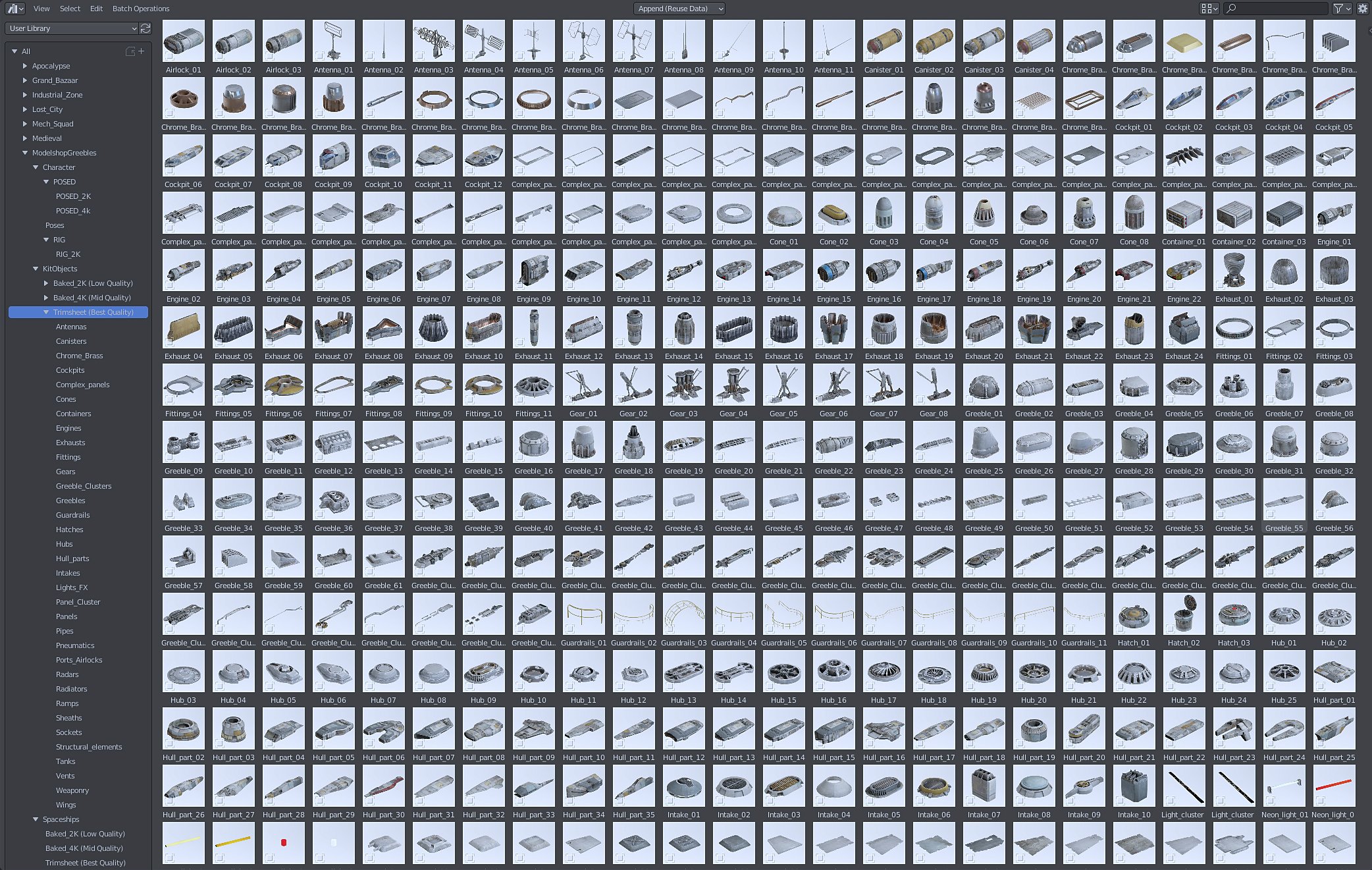 the image displays a comprehensive library of 3d models, likely for use in game development or similar applications.  the assets are organized into categories in a browserlike interface on the left, with thumbnails of each 3d model displayed in a grid on the right.  the models represent various components that would likely be used to construct spaceships or similar vehicles, showcasing a wide range of details and levels of complexity.  different quality levels (low, medium, high) are indicated.  the style is predominantly scifi, with many metallic parts and industrial designs.  the image shows a vast collection of meticulously organized assets for efficient selection and integration into a project.