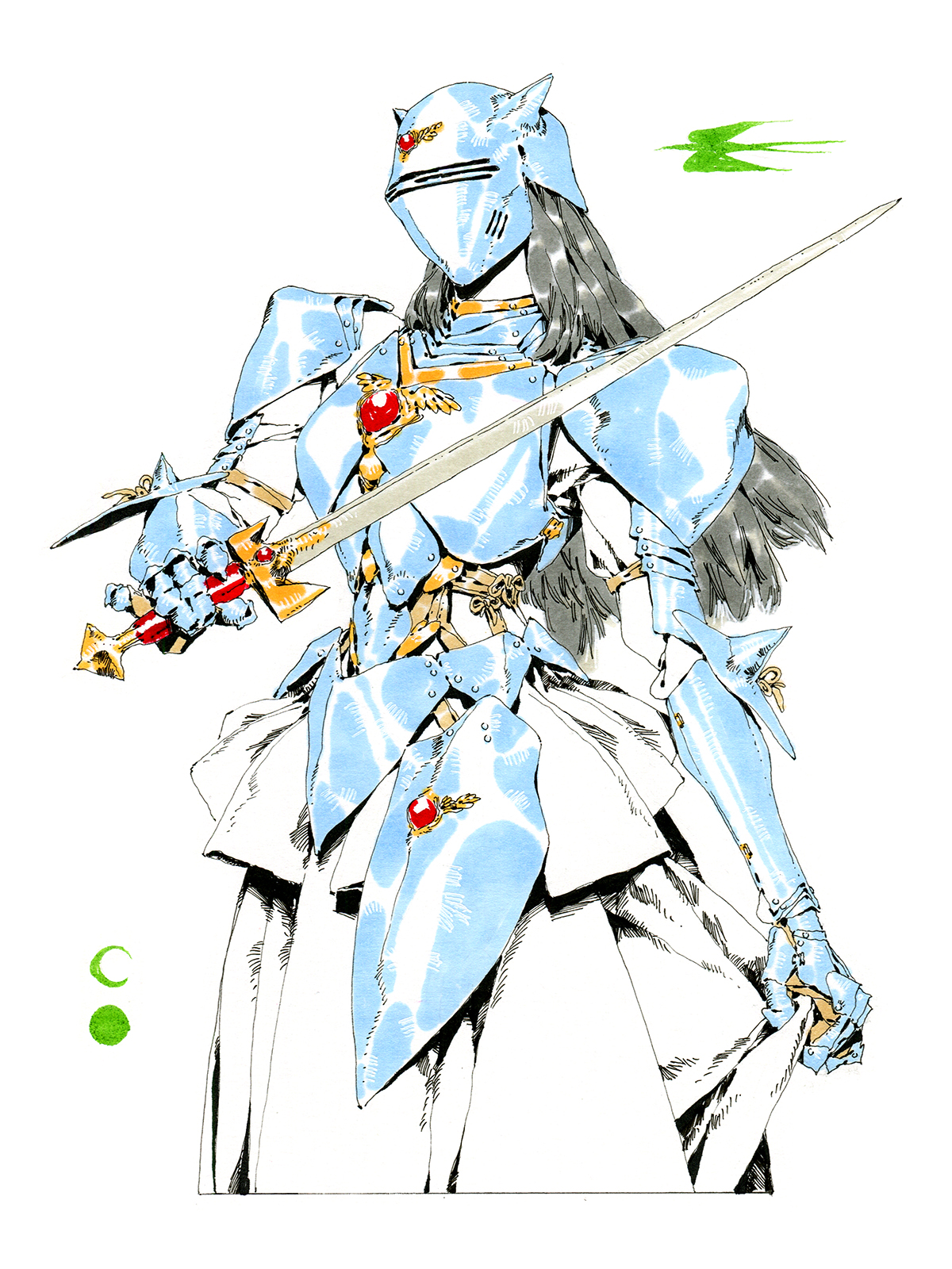 a stylized illustration showcases a female knight clad in shining, pale blue armor.  her long, dark hair flows freely from beneath her helmet, which fully obscures her face.  she wields a gleaming sword with a determined stance. the art style evokes classic anime or manga influences, with detailed linework and soft color transitions.