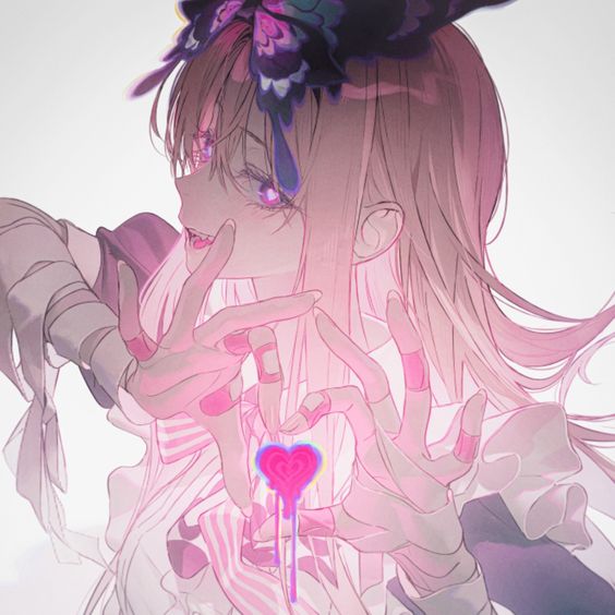 the illustration features a young woman with long, flowing pink hair adorned with a large, dark butterfly clip. she's depicted in a gothic lolitainspired outfit, accented with bandages on her arms and fingers.  her vibrant purple eyes and a touch of dark lipstick add to the slightly edgy aesthetic. the most striking element is her gesture: her hands form a heart shape, from which a melting, stylized pink and red heart drips downwards. the overall palette is soft and feminine, dominated by pinks and purples, with the dark accents adding a hint of mystery.