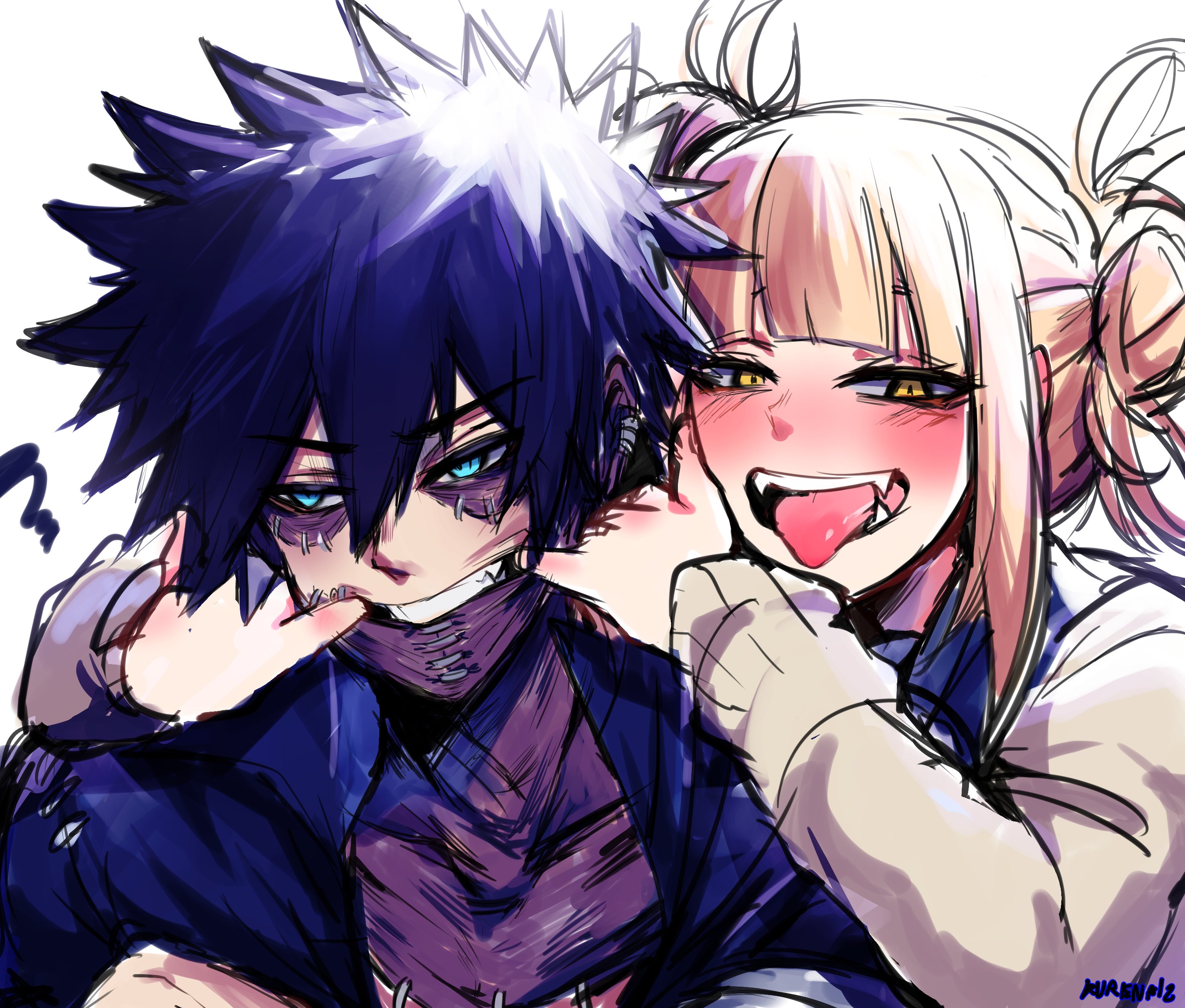 this is a digital illustration of tomura shigaraki and himiko toga from the anime and manga series my hero academia. shigaraki is a villain with a disintegrating quirk, and toga is a villain who can transform into others. in this artwork, toga has her arm around shigaraki's neck and is smiling mischievously, while shigaraki looks a bit uncomfortable. they are drawn in a style that is reminiscent of the original manga. the artwork is very detailed and colorful.