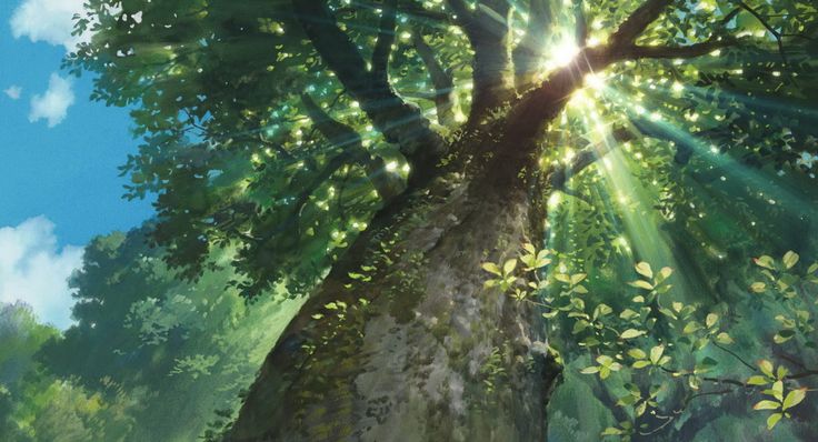 the image depicts a towering tree with lush green leaves against a blue sky. sunlight filters through the foliage, creating a radiant effect. the scene evokes a sense of natural beauty and tranquility, reminiscent of illustrations from studio ghibli anime. a dense forest can be seen in the background.