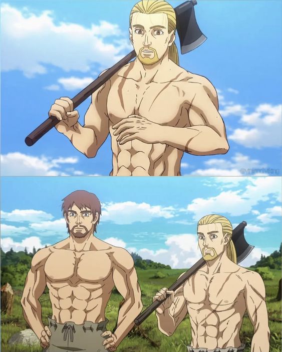 a digital drawing of two muscular men with axes in front of a blue sky background. one man has blonde hair and the other has brown hair. the blonde man is shirtless and the brunette man is wearing pants. there is a field and trees behind them.