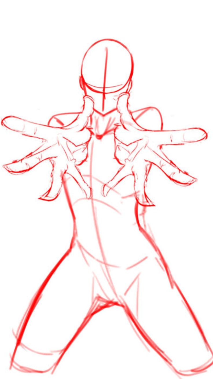 this is a sketch of a human figure in a pose with their hands outstretched in front of them. the sketch is in red outline and is simple in style. it is likely a drawing to help with drawing the human body and proportions.