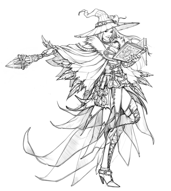 a sketch of a witch holding a book in one hand and a staff in the other. she is wearing a long cloak and a witch's hat and she has her hair down and flowing behind her.
