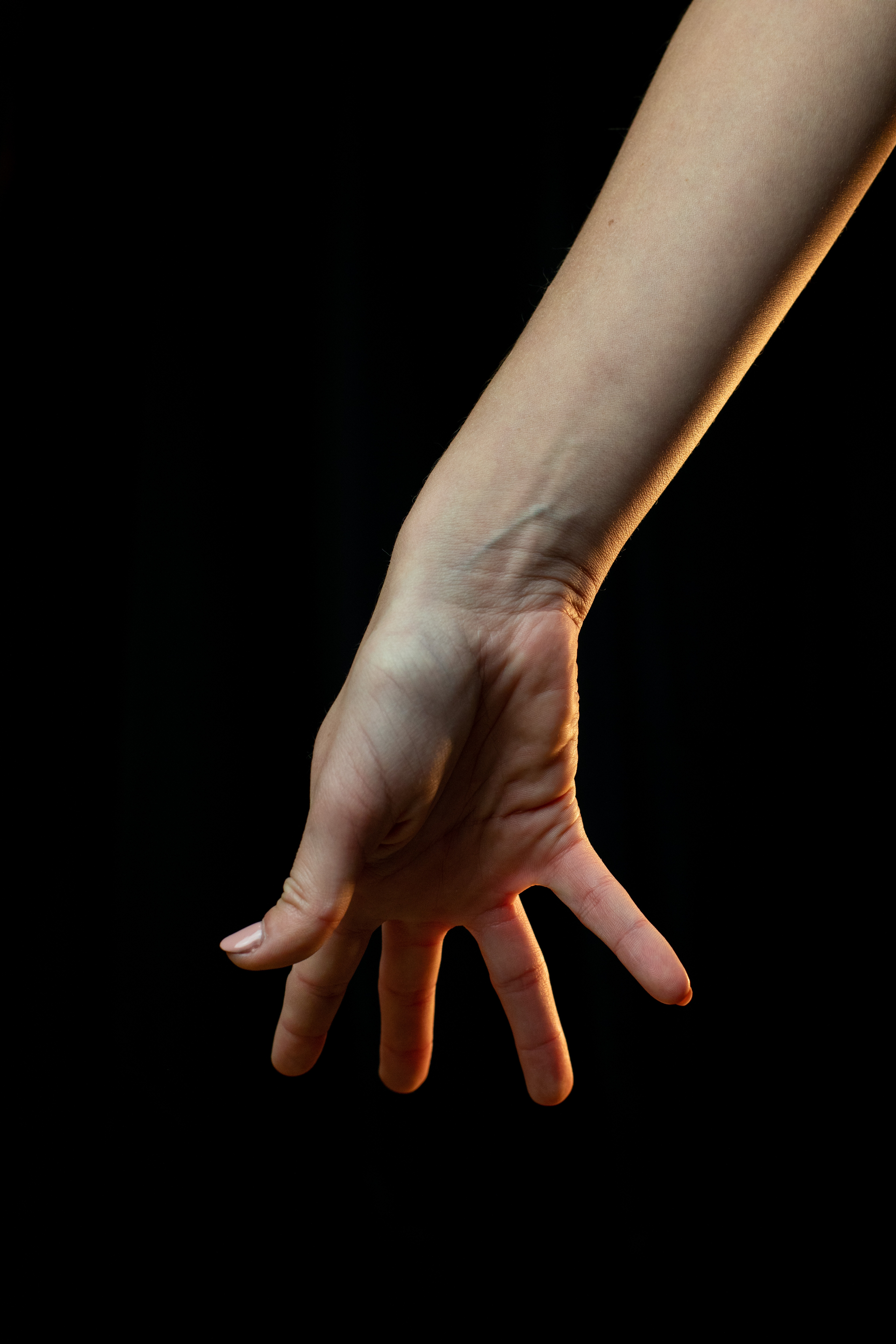 a woman's hand is dramatically lit against a black background. the hand is reaching out with fingers slightly spread. the lighting emphasizes the contours of the hand and creates a sense of movement and grace.