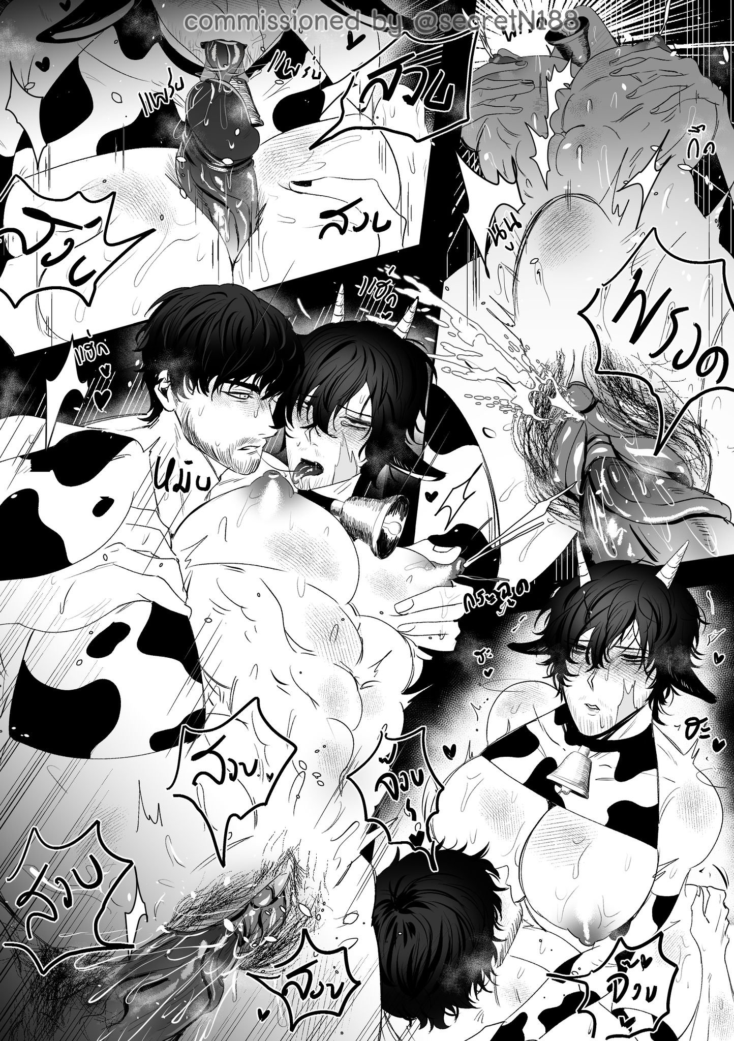 he image is a graphic, monochrome yaoi manga depicting explicit sexual content between multiple male characters. the characters are partially or fully nude, with fluids visible.  one character is dressed in a cow costume with horns. the art style is expressive and dynamic, showcasing intense interaction and suggestive poses. the overall mood is sexually charged and passionate.  the image contains text in an asian language possibly thai, which likely adds to the narrative or descriptive elements within the artwork.
