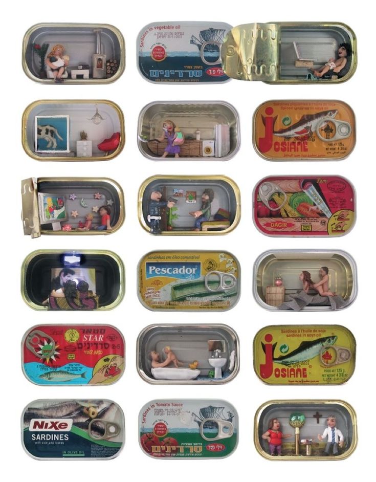 the image shows a collection of fifteen sardine cans, each containing a miniature scene with doll figures. the scenes depict various everyday situations, such as a couple watching television, a person working on a laptop, a person bathing in a bathtub, a therapy session, and domestic life, all inside the sardine cans. the sardine cans are different brands, adding variety to the artistic display.