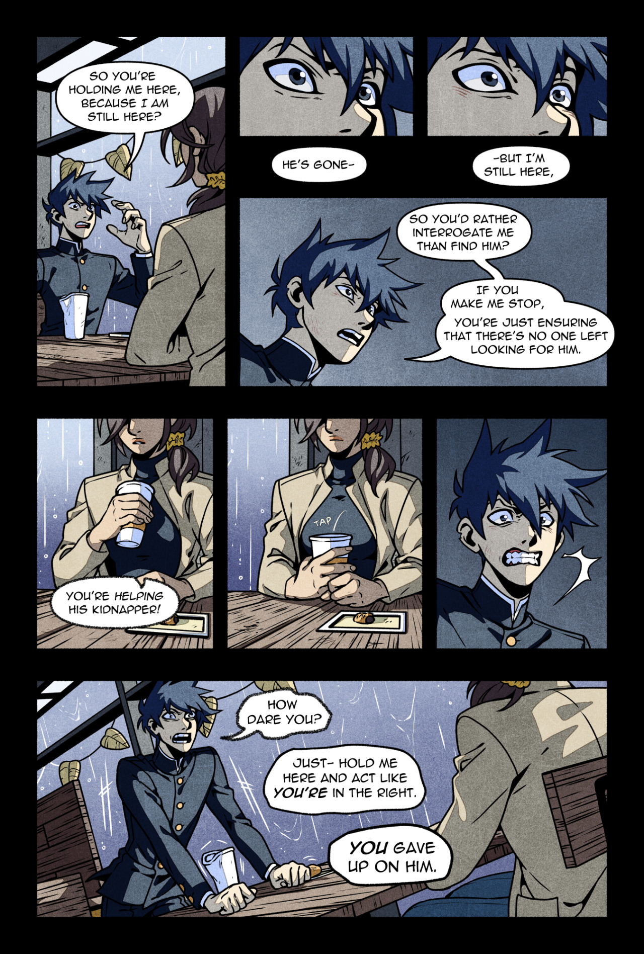 this image is a comic book page with four panels depicting a tense conversation between three characters in a cafe. two men, one with blue hair and the other with black hair, are engaged in a heated argument. the bluehaired man is accusing the other of betraying him and siding with his kidnapper, who is absent from the scene. a woman with brown hair is present, holding a cup of coffee and looking concerned. the dark, muted colors and the rain outside enhance the mood of tension and worry.