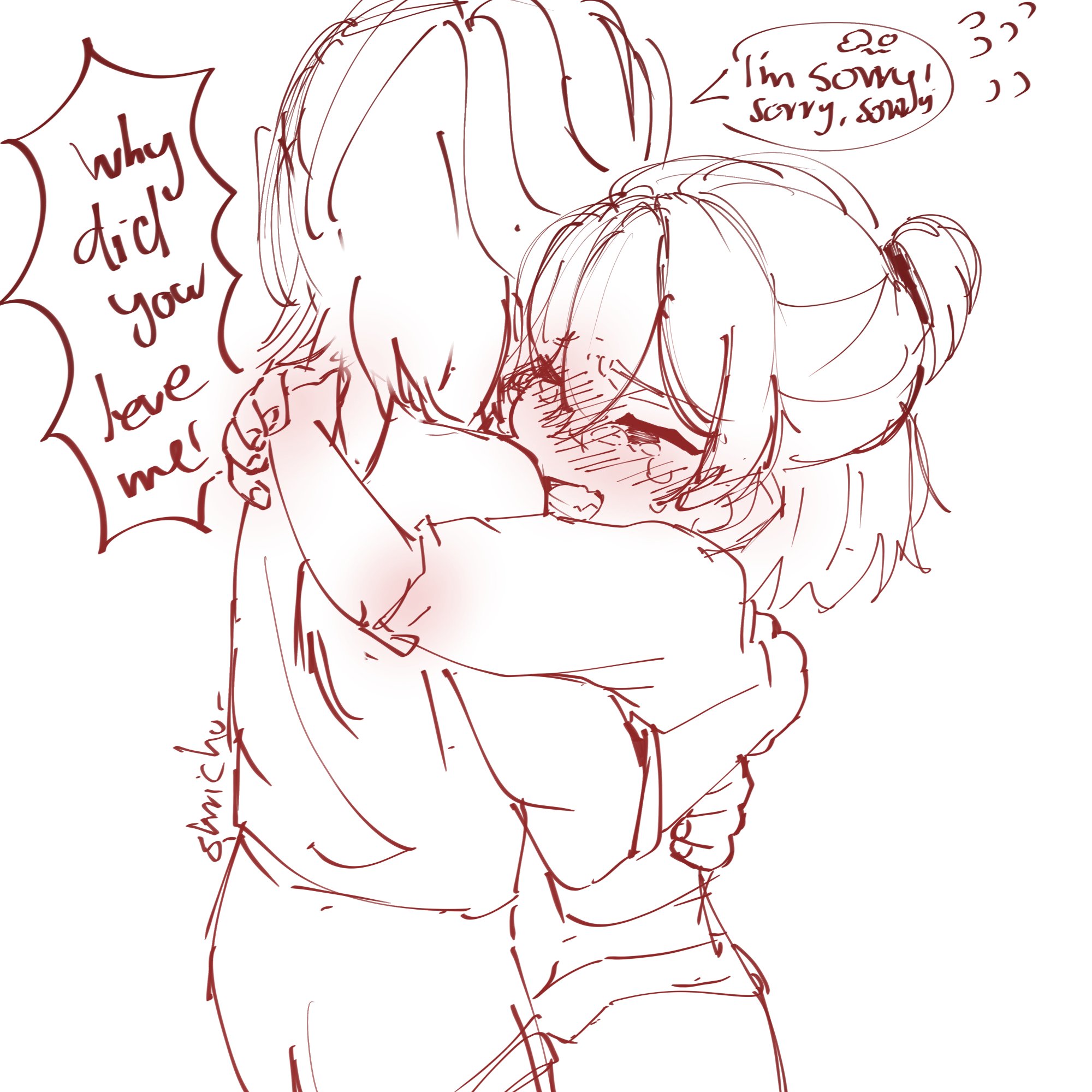the image shows two characters from an anime or manga. the male character is standing and hugging the female character. the female character is crying and is holding onto the male character. the male character is saying "i'm sorry! sorry, sowly" and the female character is saying "why did you leave me."  this indicates the two characters are in a romantic relationship and the female character is upset with the male character for leaving her.