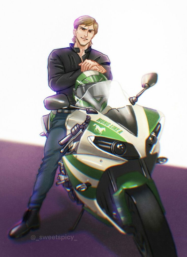a man in a black leather jacket stands with his legs spread wide apart in front of his motorcycle, which is partially visible. he is wearing a helmet, and his left arm is resting on the side of the helmet, while his right hand is in his pocket. the motorcycle has a green, white, and black paint job, and the background is a hazy light purple and white. the rider's face is serious, and he is looking at the camera.