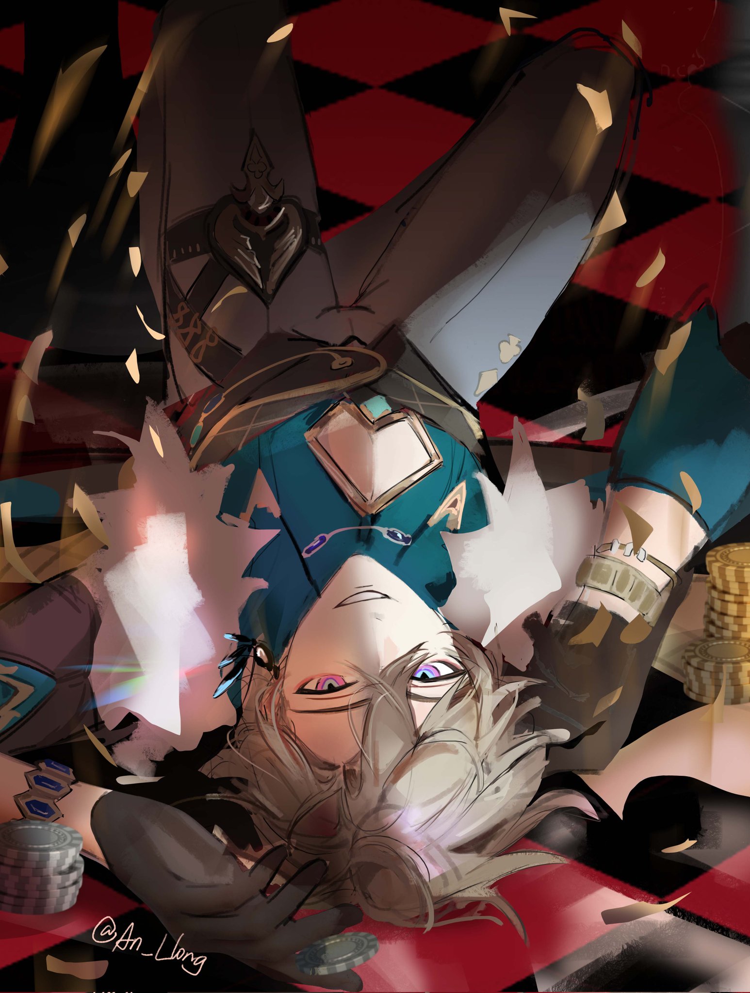an illustration of cyno from genshin impact lying upside down on a surface with poker chips and playing cards. he has white hair, heterochromia eyes (one pink, one purple), and is wearing a blue and black outfit. the background is a red and black diamond pattern.