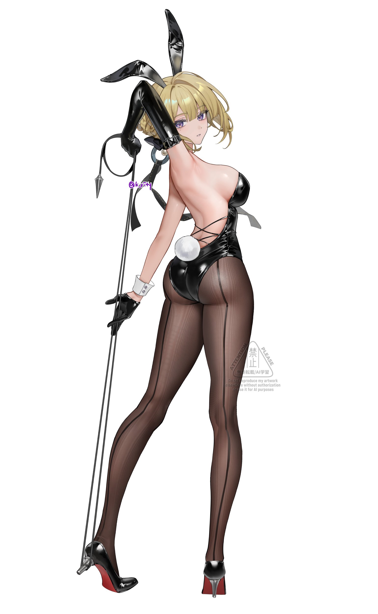 the image is a digital illustration of a young woman dressed as a playboy bunny. she's wearing a black leather bunny costume with a matching pair of stockings and high heels. the costume includes a corsetstyle top and shorts, as well as a tail at the back. she holds a whip, and her blonde hair is styled neatly. the overall style is suggestive, with the character posed in a manner designed to accentuate her figure, yet still remaining somewhat demure. the artwork has a polished, professional style, typical of anime or manga art. the background is white, focusing all attention on the character.