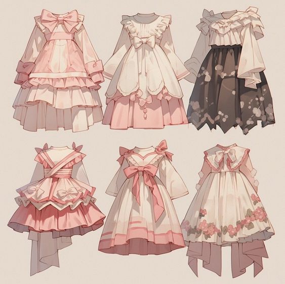 the image shows six different designs of lolita fashion dresses. each dress is intricately detailed and features feminine elements such as ruffles, bows, and lace. the color palette is soft and romantic, with shades of pink, white, and cream dominating the designs. the overall aesthetic is delicate, whimsical, and elegant.